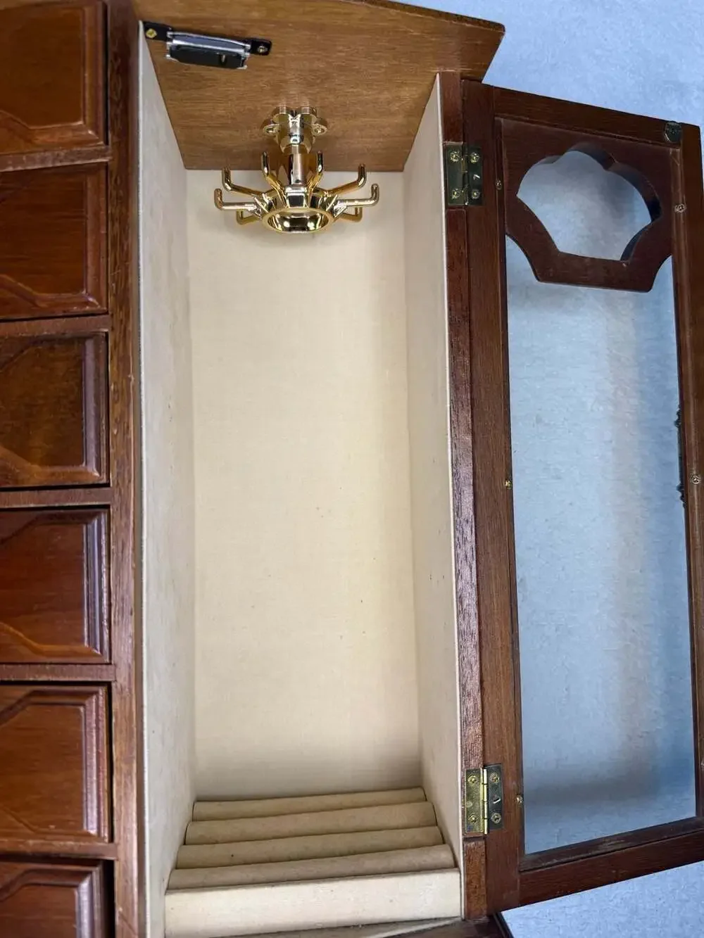 Vintage Wooden Jewelry Armoire with 6 Drawers and Rotating Necklace Carousel